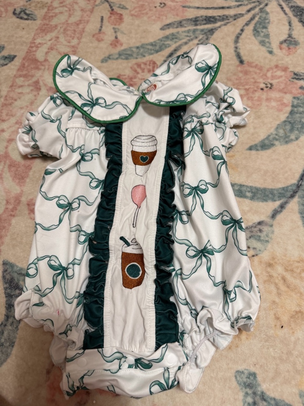 White Baby Romper with Green Bow Print and Coffee Embroidery